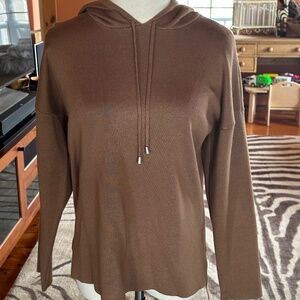 Light brown pullover sweater with hood.